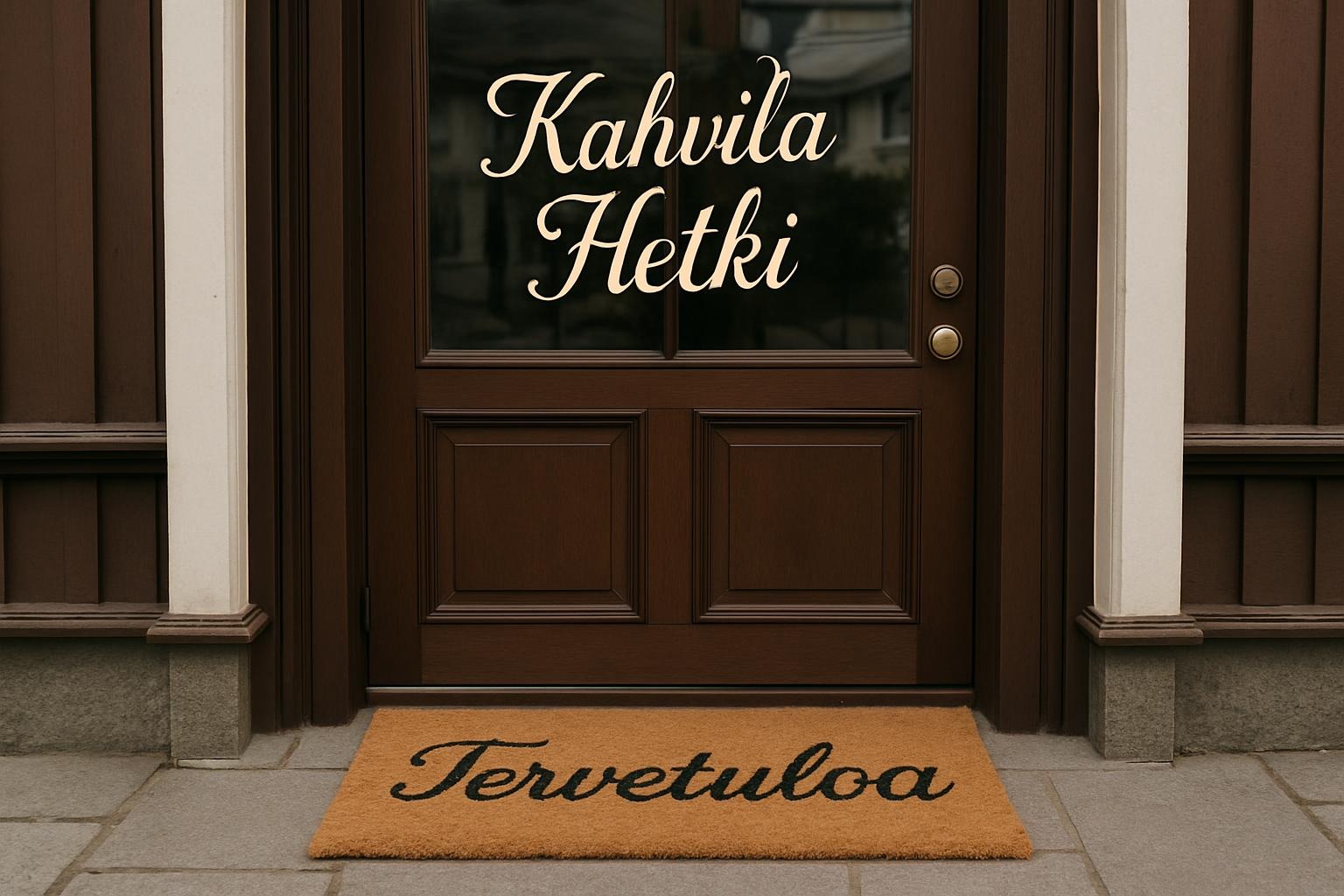 Kahvila Hetken ovi ja sen edessä kynnysmatto, jossa teksti "Tervetuloa".